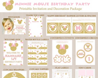 Minnie Mouse Birthday Party Printables, Printable Party Decorations, Pink, Gold Glitter, Personalized, Any Age, PDF