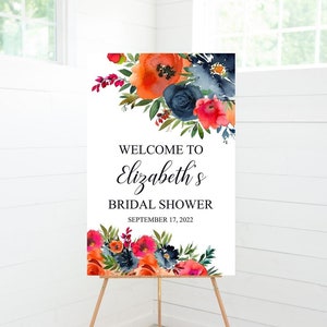 Navy and Orange Floral Bridal Shower Welcome Sign, Bridal Shower Decor, Foam Board Sign