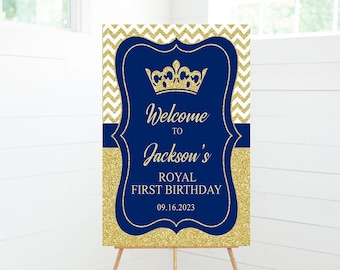 Prince Birthday Welcome Sign: Royal Blue, Gold Crown Party Decor