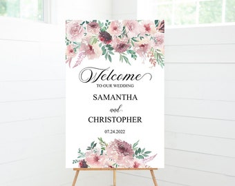 Floral Wedding Ceremony Welcome Sign, Pink Burgundy Gentle Bloom Flowers, Wedding Decor, Foam Board Sign - PKBURFL