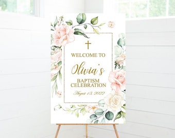 Baptism Welcome Sign, Blush Pink Floral, Gold Frame, Girl Baptism Decor, Foam Board Sign