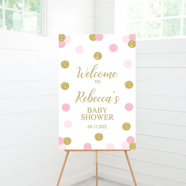 Baby Shower Welcome Sign, Polka Dots, Pink Gold Baby Shower Decorations, Foam Board Sign