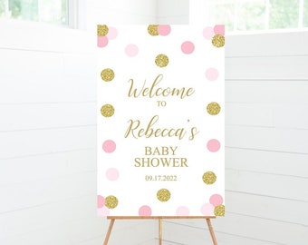 Baby Shower Welcome Sign, Polka Dots, Pink Gold Baby Shower Decorations, Foam Board Sign