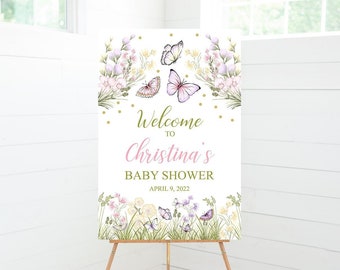 Butterfly Baby Shower Welcome Sign, Baby Shower Decorations, Pastel Floral, Foam Board Sign