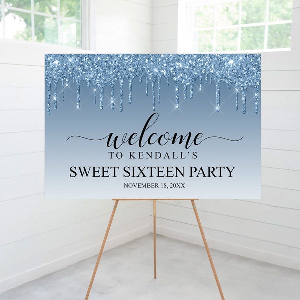 Sweet Sixteen Birthday Party Welcome Sign, Blue Glitter Drip, Birthday Party Decor, Foam Board Sign