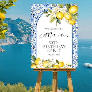Lemon Birthday Welcome Sign, Amalfi Coast Party Decor, Blue Tile, Italian Summer, Printed