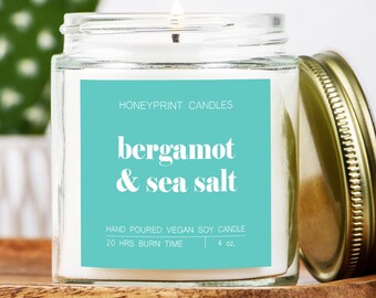 Bergamot & Sea Salt Scented Vegan Soy Wax Candle, Smells Like Ocean Air, Summer Candle