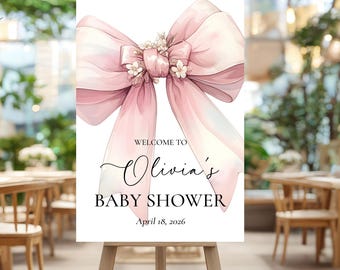 Pink Bow Baby Shower Welcome Sign, Coquette Party Decor, Printed