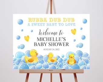 Yellow Rubber Ducks Baby Shower Welcome Sign, Blue Bubbles, Party Decor, Printed