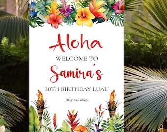 Letrero de bienvenida de cumpleaños Luau, decoración para fiesta tropical hawaiana Aloha, impreso