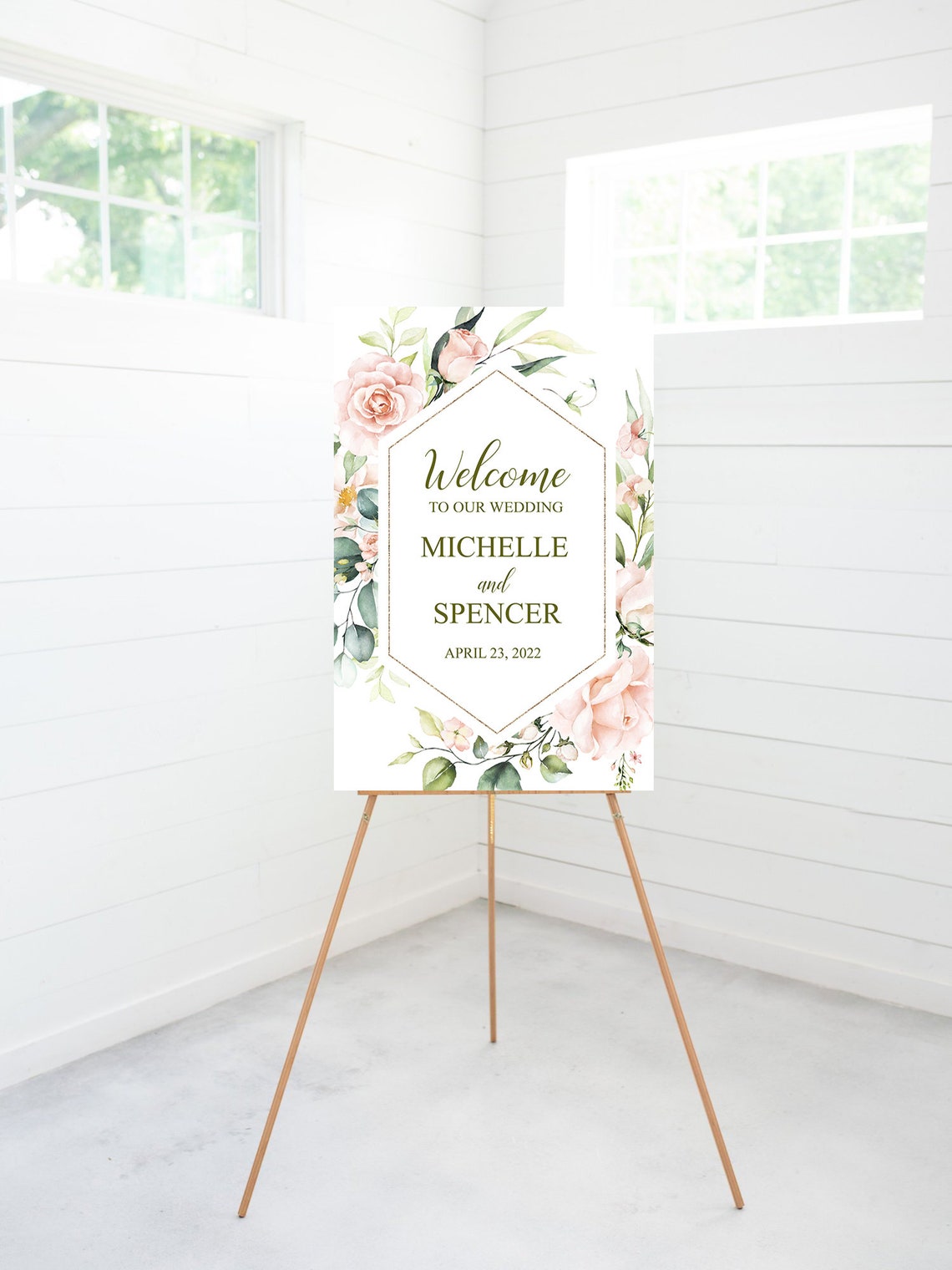 Welcome Wedding Ceremony Sign Blush Pink Floral Gold image 1