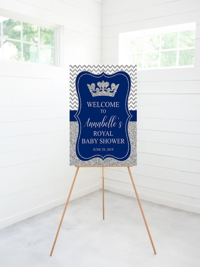 Prince Baby Shower Welcome Sign Royal Blue Crown Silver Baby Etsy