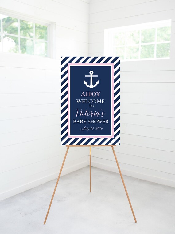 Pink Navy Nautical Baby Shower Welcome Sign, Baby Shower Decoration, Foam Board Sign Il_570xn