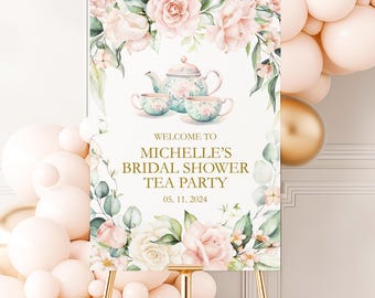 Tea Party Bridal Shower Welcome Sign, Blush Pink Floral, Printed