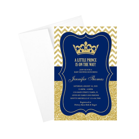 Prince Baby Shower Invitation Royal Blue Gold Glitter Little Etsy