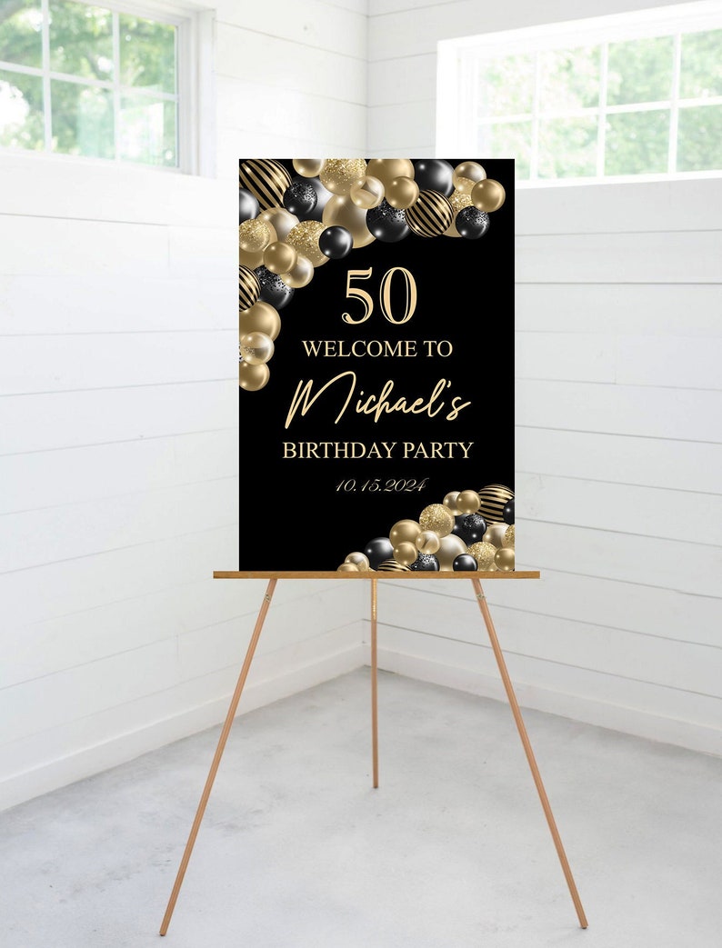 Birthday Party Welcome Sign, Black and Gold Balloons, Birthday Party Decor, Foam Board Sign image 1