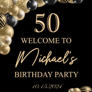 Birthday Party Welcome Sign, Black and Gold Balloons, Birthday Party Decor, Foam Board Sign image 2