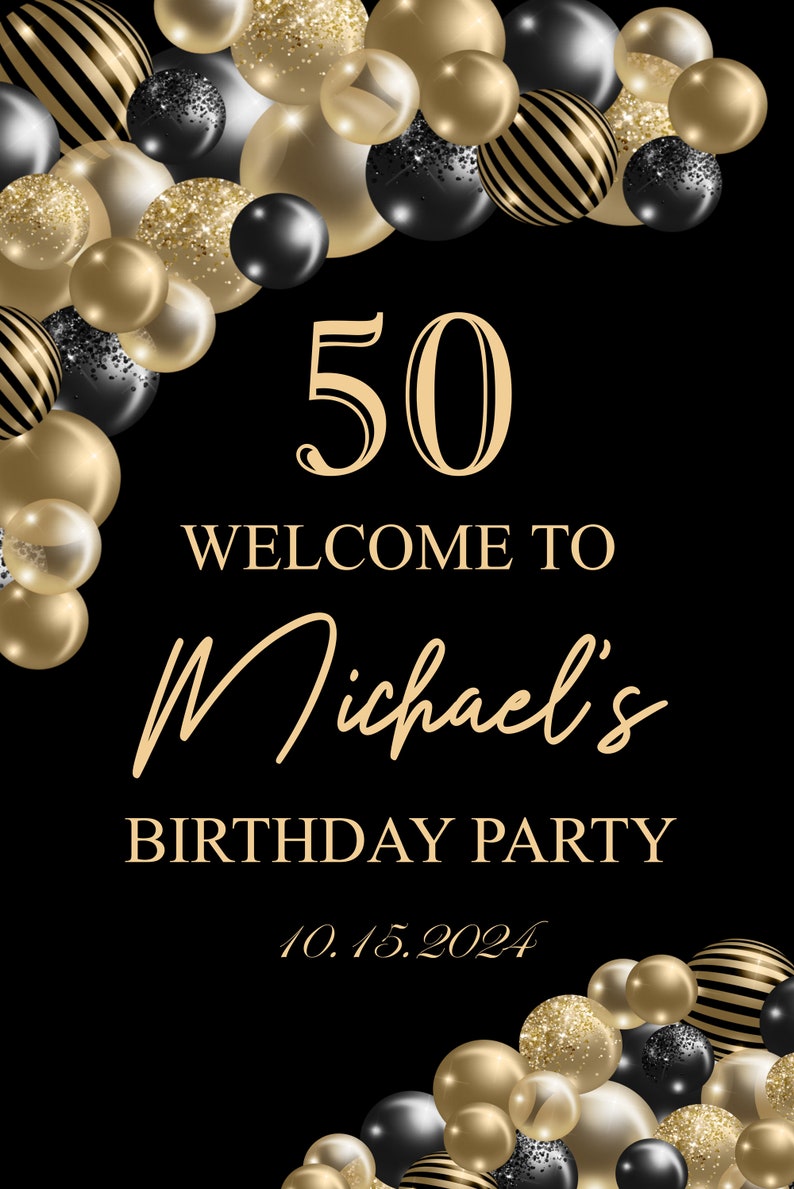 Birthday Party Welcome Sign, Black and Gold Balloons, Birthday Party Decor, Foam Board Sign image 2