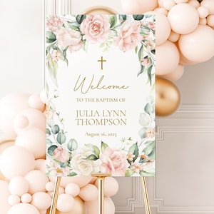 Floral Baptism Welcome Sign, Christening Sign, Blush Floral, Girl Baptism Decor, Foam Board Sign