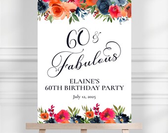 60th Birthday Welcome Sign, Floral Party Decor, Printed