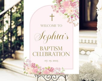 Pink Floral Baptism Welcome Sign, Personalized Girl Christening Decor, Printed Sign