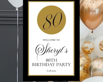 Elegante cartel de bienvenida para 80.º cumpleaños: decoración de espuma negra y dorada para celebrar un hito.