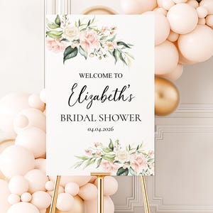 Letrero de bienvenida para despedida de soltera con flores ruborizadas, decoración personalizada para despedida de soltera, impreso imagen 1