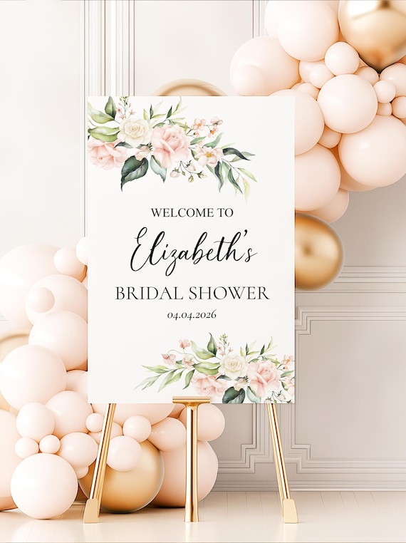 Blush Floral Bridal Shower Welcome Sign, Personalized Shower Decor, Printed