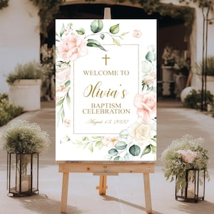 Blush Pink Floral Baptism Welcome Sign, First Holy Communion, Religious Decor, Foam Board Sign