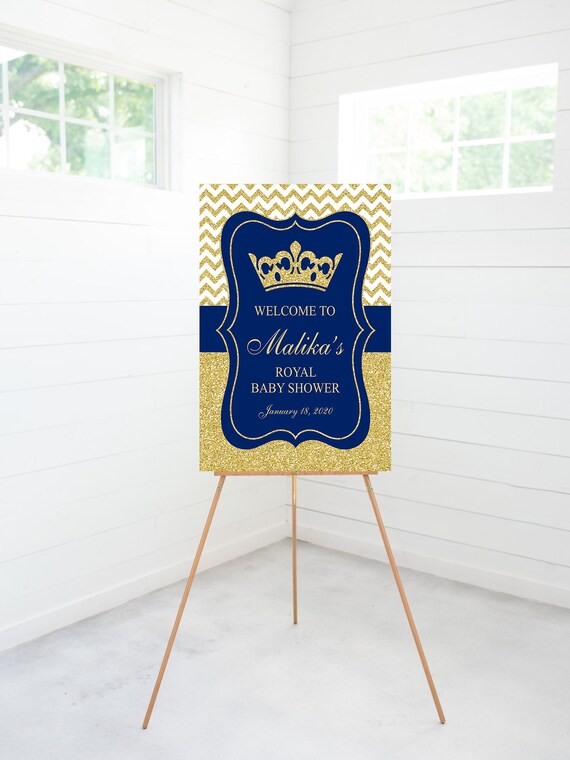 Prince Baby Shower Welcome Sign Royal Blue Crown Gold Baby Etsy