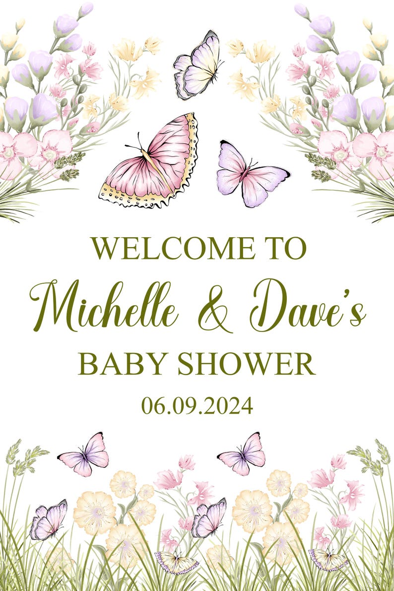 Puede incluir: Una invitaci&oacute;n de baby shower blanca con un borde floral y mariposas. El texto dice "Bienvenido a Michelle & Dave's Baby Shower 06.09.2024".