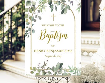 Eucalyptus Baptism Welcome Sign, Personalized Christening Neutral Decor, Printed Sign