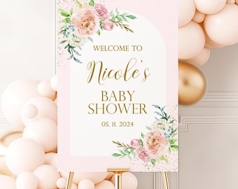 Pink Floral Baby Shower Welcome Sign, Girl Shower Decor, Printed