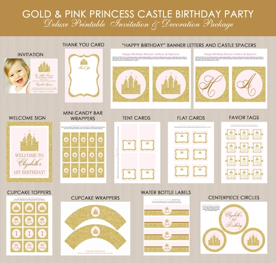 Princess Castle Birthday Party Printables Package, Pink, Gold Glitter, Blush Pink, Personalized Printable Decorations Il_570xn