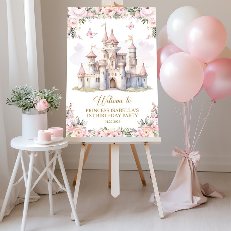 Princess Castle Birthday Welcome Sign, Fairytale Party Decor, Printed image 1