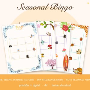May include: Four rectangular bingo game sheets titled Seasonal Bingo, featuring grid layouts for winter, spring, summer, and autumn. Each sheet displays colorful seasonal illustrations like snowflakes, flowers, surfboards, and pumpkins.