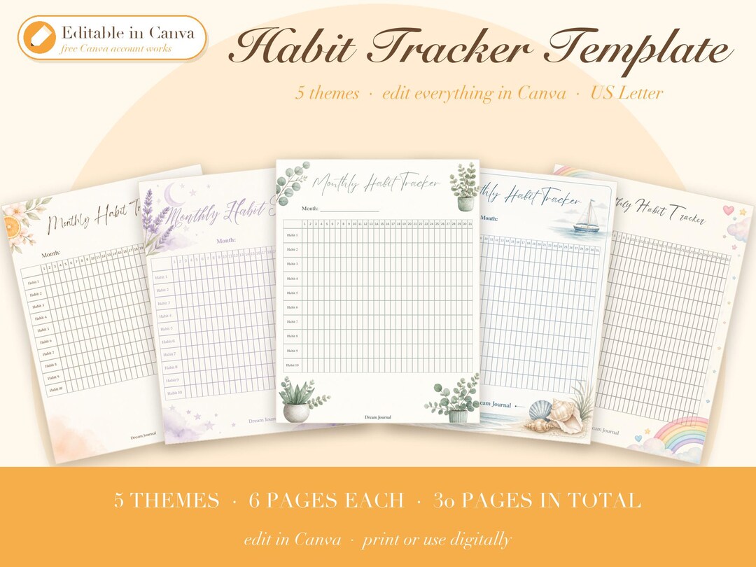 Editable Habit Tracker Template Canva, Printable Habit Tracker, 30 Day ...