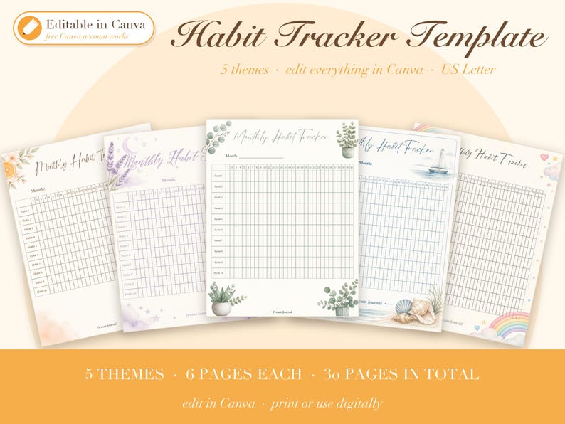 Editable Habit Tracker Template Canva, Printable Habit Tracker, 30 Day ...