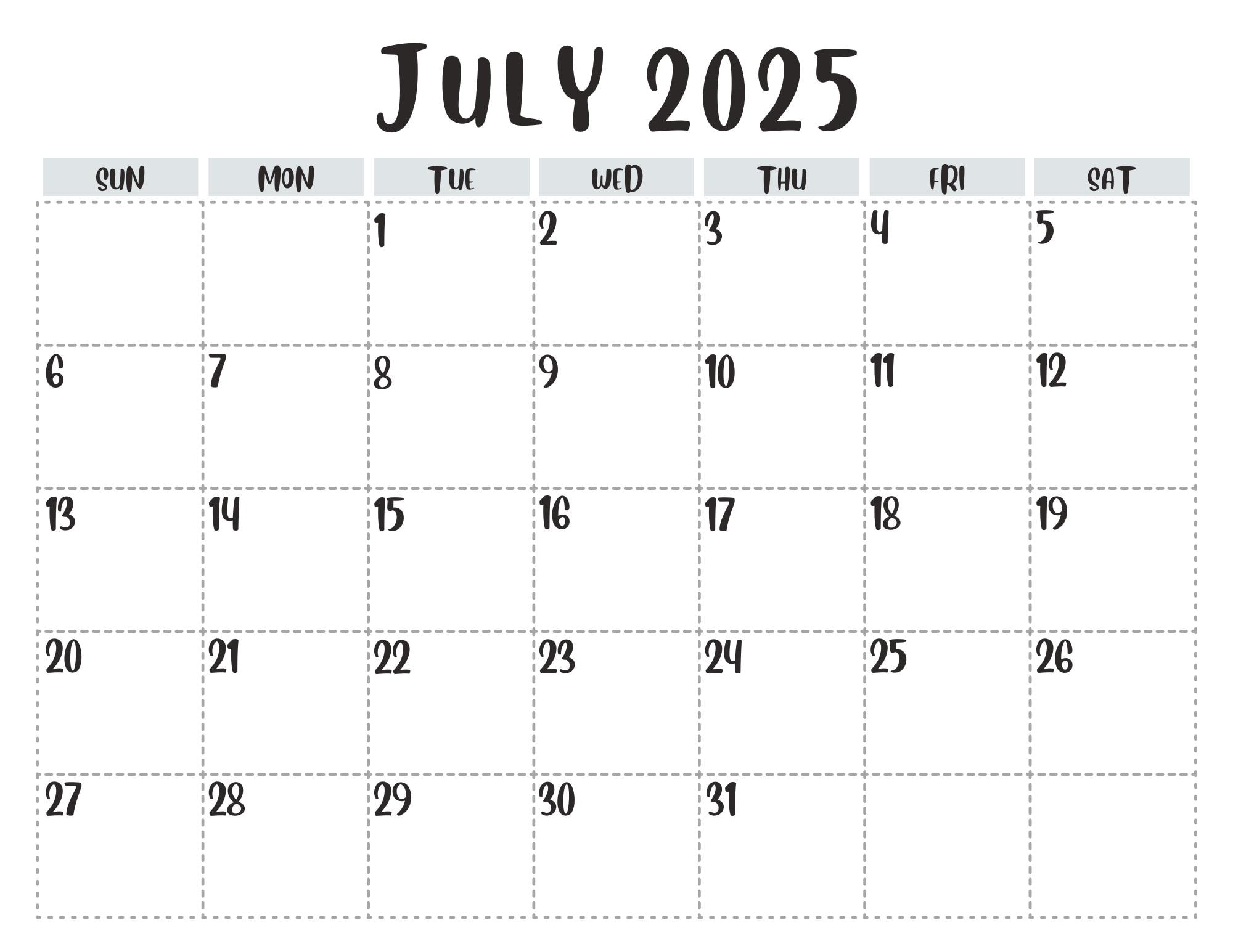 July 2025 Calendar/ Printable calendar/ School Planning / July 2025 Printable Calendar Homeschool Calendar / Office Planning / July 2025