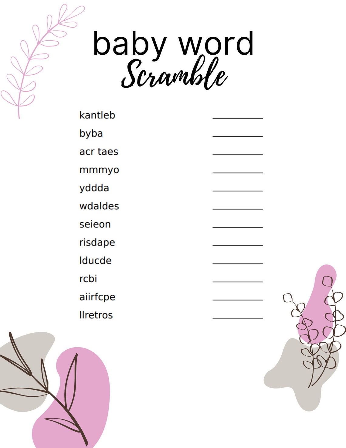 Baby Shower Game/ Baby Shower Word Scramble/ Baby Shower / Baby Girl ...