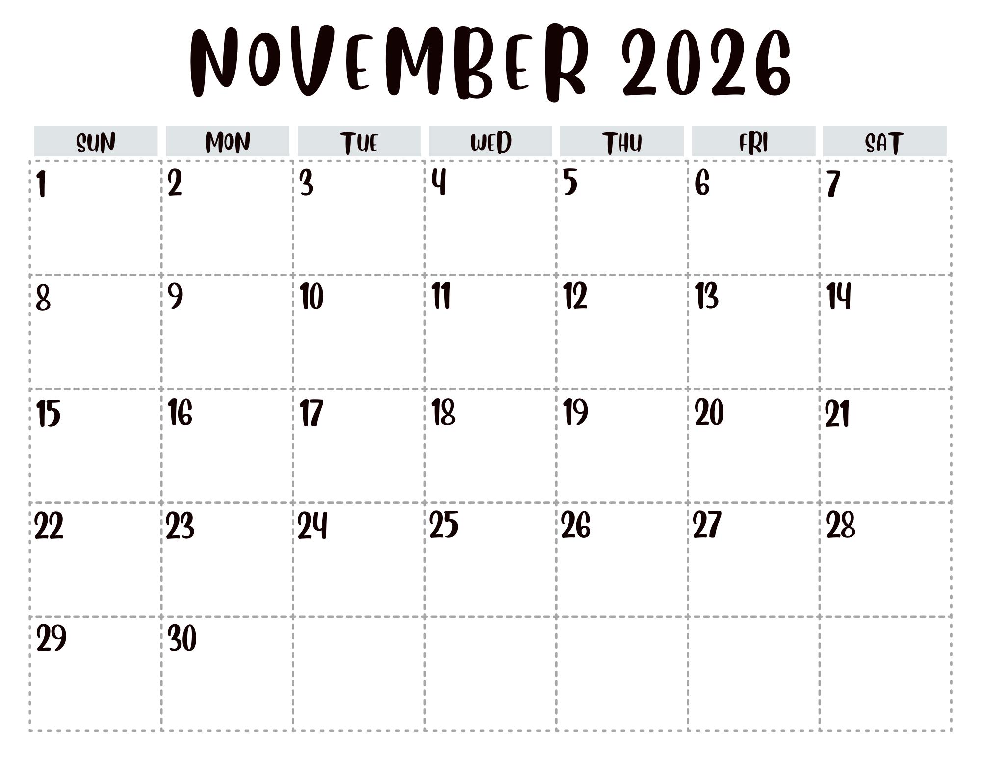 November 2026 Calendar, Minimalist Monthly Planner Page, Desk Calendar (Digital Download)