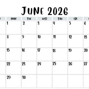 Puede incluir: Calendario blanco para junio de 2026. La palabra "Junio" y el año están en la parte superior. Los días de la semana están en la parte superior, con las fechas en una cuadrícula debajo. Los números son en negrita y negros.