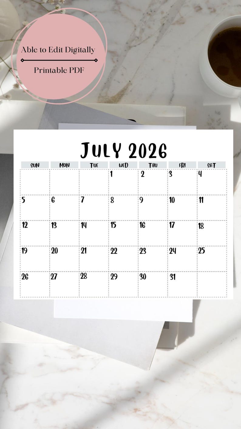 July 2026 Calendar Printable | Minimalist Monthly Planner (digital ...