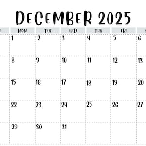 Könnte beinhalten: Ein weißer Kalender für Dezember 2025. Das Kalendarium zeigt die Wochentage und nummerierte Daten. Der Titel "DEZEMBER 2025" steht in fetter, schwarzer Schrift oben auf dem Kalender.
