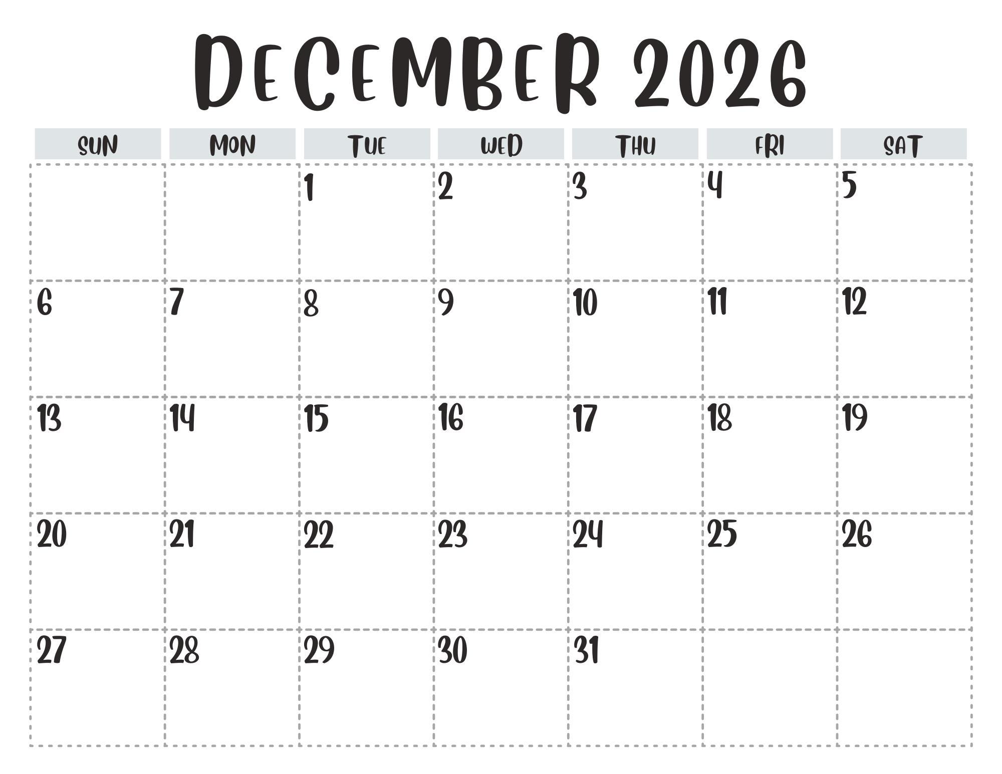 December 2026 Calendar, Minimalist Monthly Planner (PDF Download)