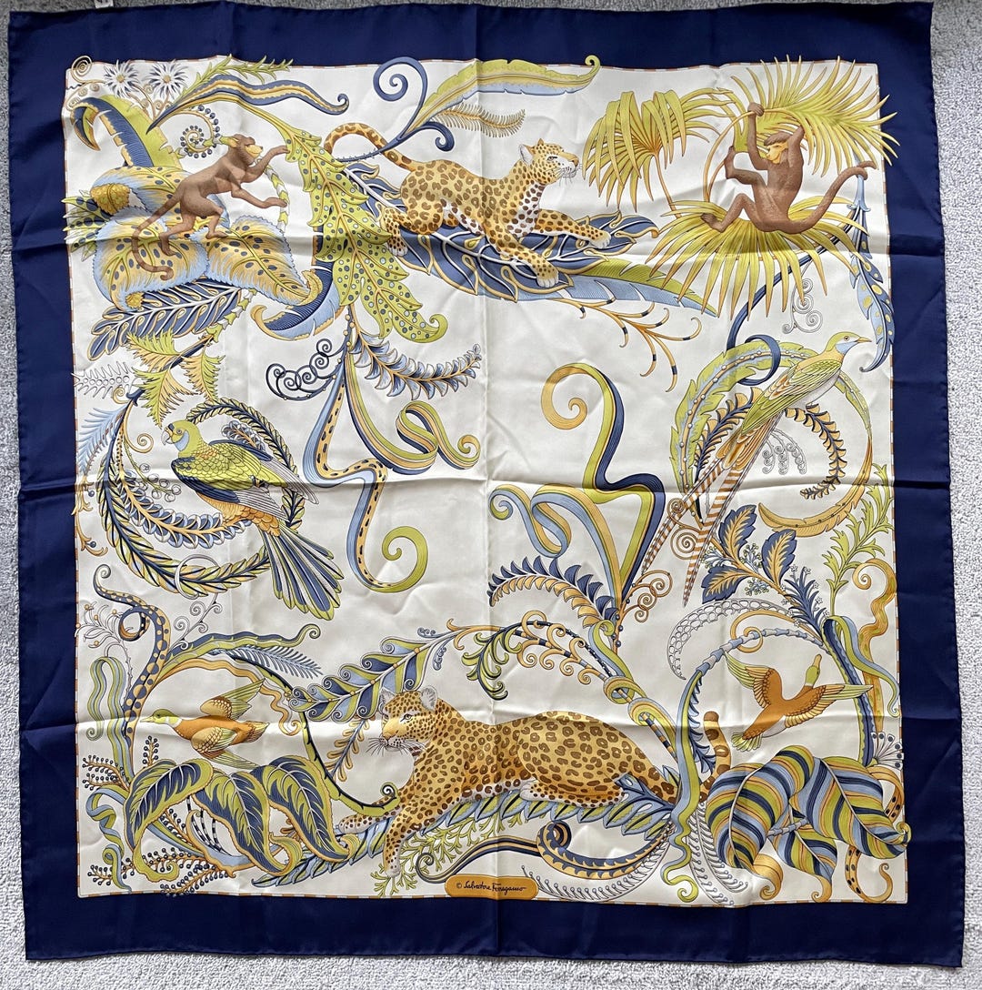 Vintage Salvatore Ferragamo Jungle Animals Pattern Silk Twill