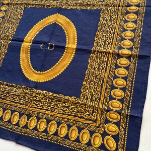 Vintage Christian Dior cotton handkerchief, neckerchief, gold chain motif on a deep navy background, centered with an elegant oval emble