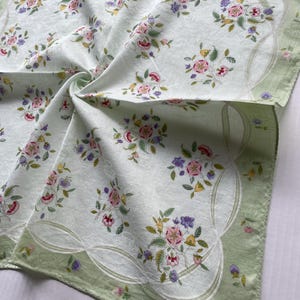 Vintage Minton cotton handkerchief, neckerchief, chintz-inspired floral pattern, coffee cup jacquard weaves framed by scalloped lace border