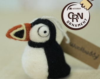 Needle Felted Puffin Ornament, Handmade Woolbuddy