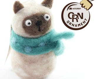 Needle Felted Siamese Cat Ornament, Handmade Woolbuddy
